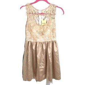 NWT Mini Dress Lace Bodice Satiny Skirt Tulle Underlay Gold Prom Small
